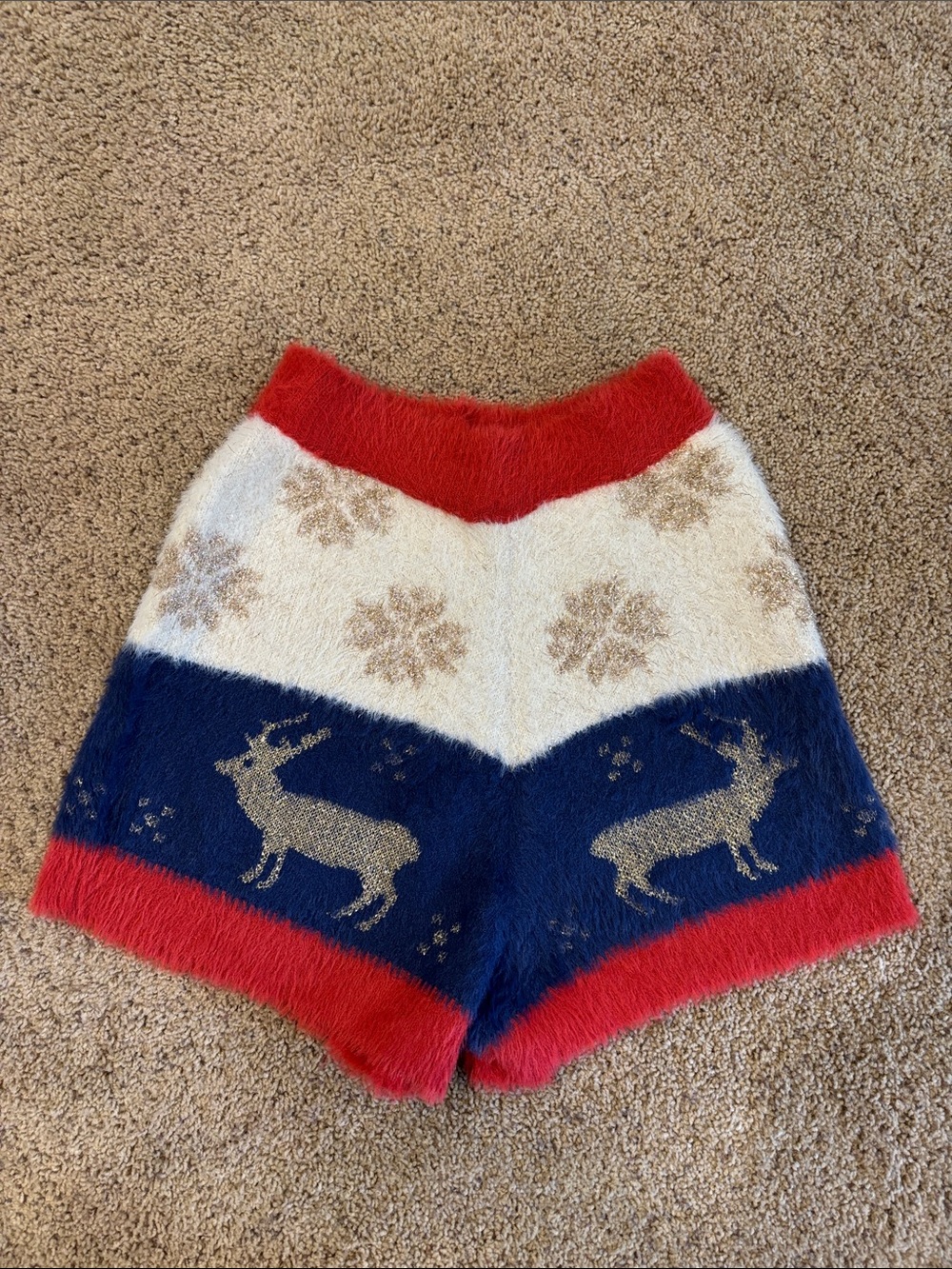 Judith March Fuzzy Holiday Shorts in Red, Cream & Navy, size M